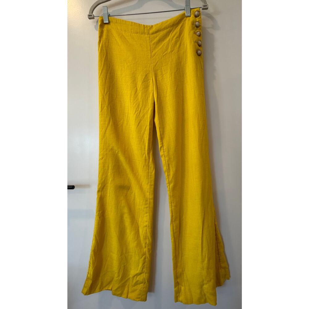 Anhropologie Cartonnier Linen Blend Pants Canary Yellow Button Detail Size 2 - Picture 2 of 7